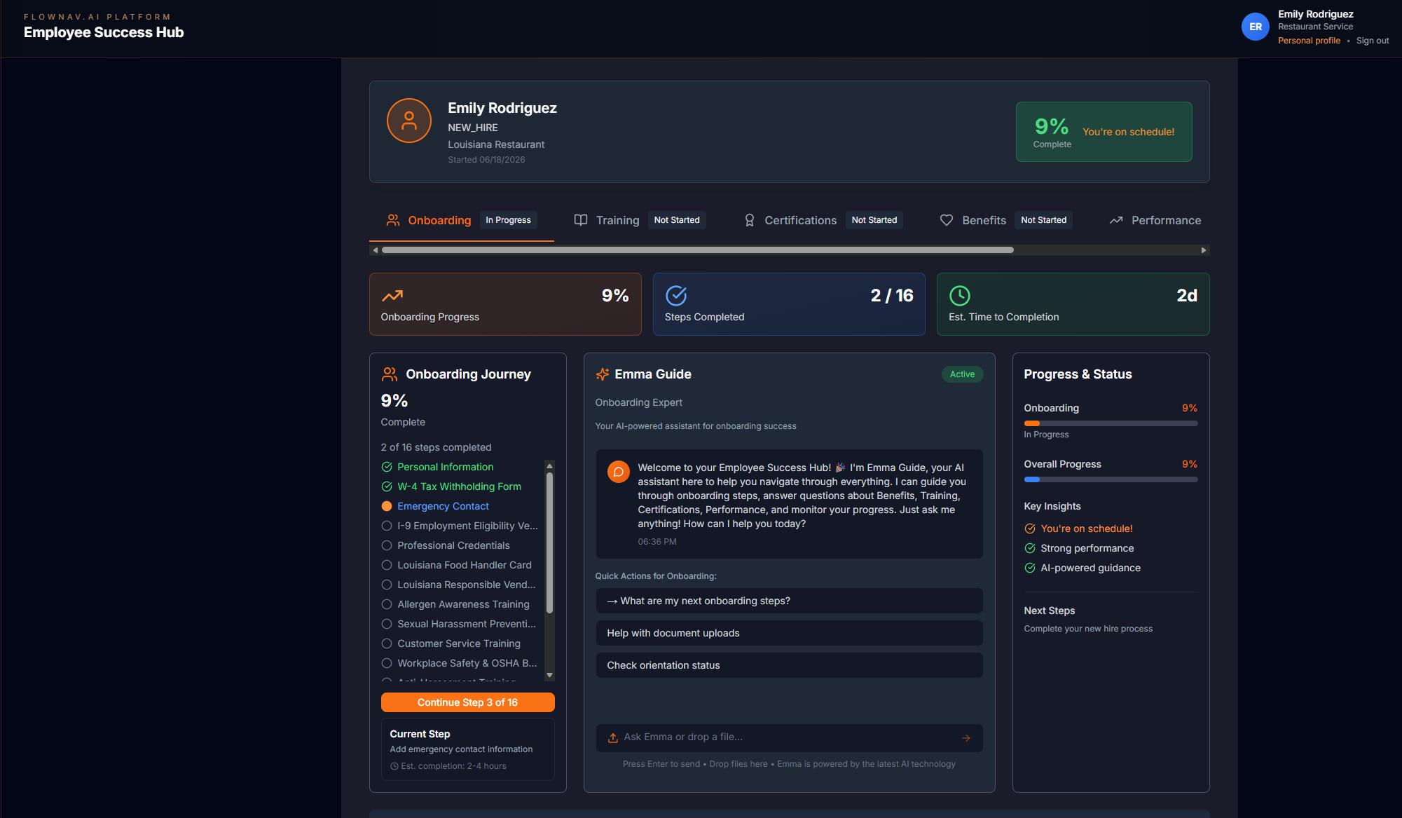 FlowNav AI Employee Success Hub — live onboarding surface