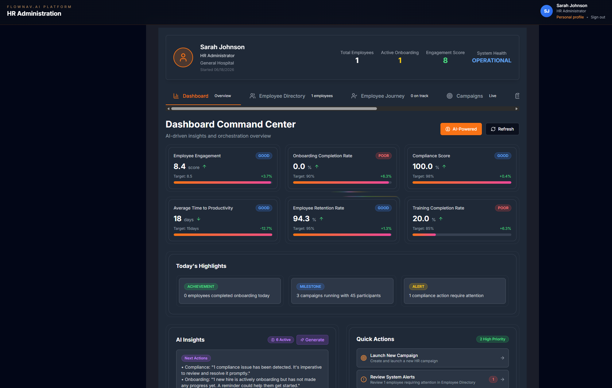 FlowNav AI Workforce Command Center — HR Admin surface